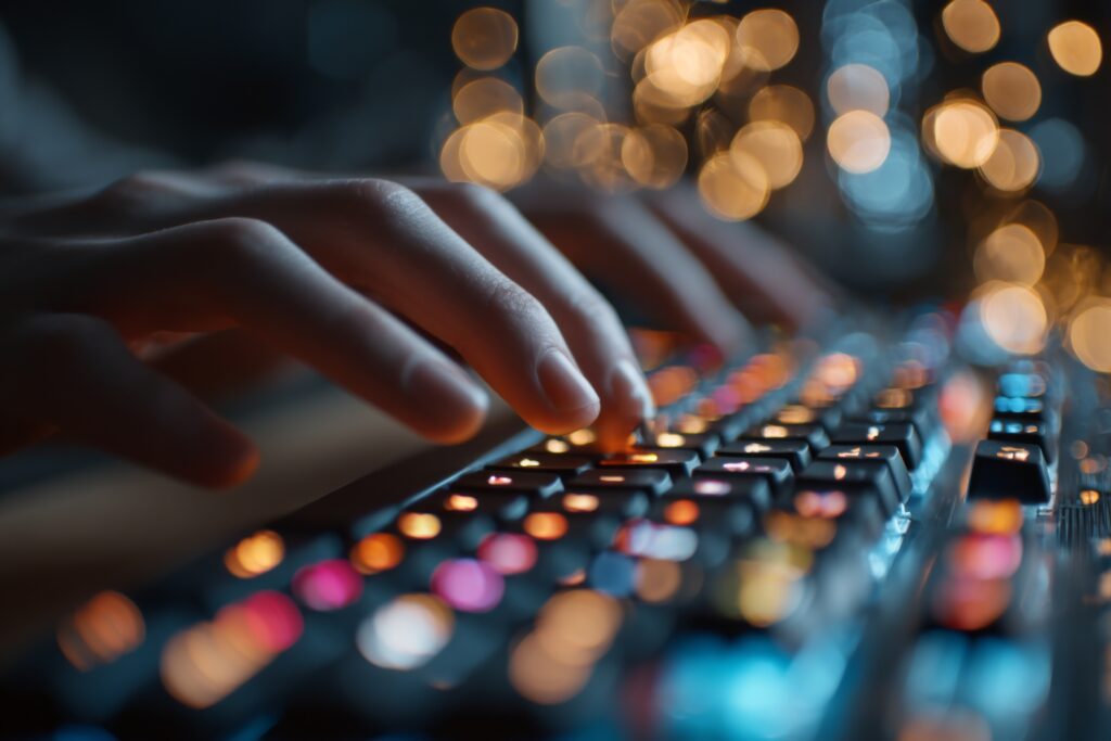 Home a person is using a keyboard on a dark background